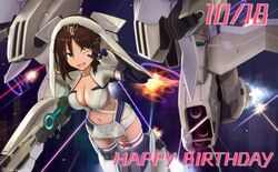  alice_gear_aegis breasts cleavage clothing_cutout dark-skinned_female dark_skin dated explosion female flying green_eyes gun happy_birthday hiwa_industry holding holding_gun holding_weapon kaneshiya_sitara looking_up mecha_musume medium_breasts navel one_eye_closed solo space stomach_cutout v weapon 