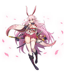  absurdres animal_ears boots breasts cherry_blossoms cross-laced_footwear female fingerless_gloves fox_ears fox_mask full_body gloves hellk111 highres honkai_(series) honkai_impact_3rd japanese_clothes katana knee_boots lace-up_boots large_breasts long_hair looking_at_viewer mask miko panties pink_hair pink_skirt purple_eyes purple_footwear revision skirt solo sword thick_thighs thighhighs thighs underwear weapon white_background white_panties white_thighhighs yae_sakura yae_sakura_(gyakushinn_miko) 