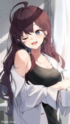  ahoge banned_artist black_shirt blue_eyes blurry blurry_background breasts brown_hair cellphone cleavage collarbone commentary_request cup earrings female highres holding holding_cup ichinose_shiki idolmaster idolmaster_cinderella_girls indoors jewelry long_hair looking_to_the_side medium_breasts off-shoulder_shirt off_shoulder one_eye_closed open_clothes open_shirt phone sake_dong shirt smile solo twitter_username white_shirt 