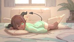  aqua_cardigan aqua_eyes arm_up bed bedroom black_horns blush bob_cut brown_hair cardigan choco_(rune_(dualhart)) commentary couch curtains dark-skinned_female dark_skin day demon_girl demon_tail drawing_(object) female foot_up hair_intakes happy heart highres horns indoors light_blush long_sleeves looking_at_viewer lying miniskirt on_bed on_stomach one_eye_closed open_mouth original pencil_skirt picture_frame pillow plant pointy_ears potted_plant rune_(dualhart) short_hair sidelocks skirt smile socks solo tail the_pose white_skirt white_socks window 