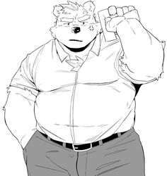  2019 angry anthro bear belly bottomwear clothing hi_res humanoid_hands kemono launcher_r male mammal monochrome overweight overweight_anthro overweight_male pants shirt simple_background solo topwear white_background 