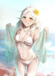  absurdres bikini blurry blurry_background breasts commentary dated elf female front-tie_bikini_top front-tie_top highres jewelry looking_at_viewer medium_hair mushoku_tensei navel necklace o-ring o-ring_bikini ocean outdoors parted_lips pointy_ears side-tie_bikini_bottom signature small_breasts smile swimsuit sylphiette_(mushoku_tensei) white_bikini white_hair yellow_eyes yujin_(kanouyuuto-0423) 