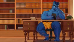  anthro bara barazoku beast_(x-men) blue_fur blue_skinned_male bulge desk furry glasses hank_mccoy male male_only marvel marvel_comics muscles muscular solo solo_male tablet underwear underwear_only whyhelbram x-men 