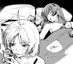  2girls 3bbbxb after_sex bite_mark bite_mark_on_arm blush bocchi_the_rock! cigarette closed_eyes commentary_request greyscale hickey highres hiroi_kikuri holding holding_cigarette ijichi_seika korean_commentary long_hair monochrome multiple_girls nail_polish nude on_bed parted_lips pillow sharp_teeth smoking spoken_zzz teeth under_covers yuri zzz 