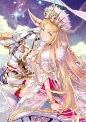  arm_at_side arm_support bow bracelet breasts bull cleavage closed_mouth constellation constellation_request crown detached_leggings europa_(fate) fate/grand_order fate_(series) feet_out_of_frame female fingernails from_side fur-trimmed_shawl fur_trim game_cg garter_straps gold_bracelet hand_up high_collar holding holding_harp holding_instrument instrument jewelry large_breasts long_hair looking_at_viewer looking_to_the_side non-humanoid_robot official_art parted_bangs pink_nails purple_eyes redjuice robot robot_animal see-through_clothes see-through_shawl shawl sideboob sidesaddle sitting smile solo sparkle star_(sky) starry_sky_background third-party_source white_shawl yellow_bow 