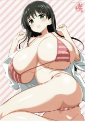  absurdres ass bikini black_hair blush breasts cleavage diagonal-striped_background female green_eyes highres huge_breasts iwato_kasumi jacket kobayashi_ritz long_hair looking_at_viewer lying non-web_source official_art on_side open_mouth pink_background pink_bikini saki_(manga) smile solo striped_background striped_bikini striped_clothes swimsuit white_jacket 