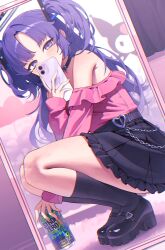  absurdres alternate_costume beer_can black_choker black_shoes black_skirt black_socks blue_archive blush can cellphone choker chromatic_aberration commentary_request covered_mouth drink_can dutch_angle female fingernails frilled_shirt frilled_skirt frills full-length_mirror halo highres holding holding_can holding_phone indoors jirai_kei kneehighs korean_commentary kuromi long_hair looking_at_viewer mary_janes mirror off-shoulder_shirt off_shoulder onegai_my_melody phone pink_shirt platform_shoes purple_eyes purple_hair reflection reflection_focus sanrio sbgu selfie shirt shoes skirt socks solo squatting strong_zero two_side_up very_long_hair yuuka_(blue_archive) 