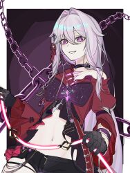  black_choker black_gloves black_shorts bow bright_pupils chains choker commentary_request female gloves hair_between_eyes highres holding honkai_(series) honkai_impact_3rd jacket long_hair long_sleeves micro_shorts midriff mika07891 navel purple_bow purple_eyes red_jacket shorts smile solo thelema_nutriscu very_long_hair white_hair white_pupils 