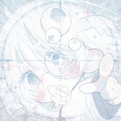  ahoge blush dot_nose eyeball eyelashes female fingerprint glasses highres long_hair looking_at_viewer monochrome nose_blush original pointing pointing_at_viewer ringed_eyes round_eyewear solo square thk_41 upper_body white_theme 