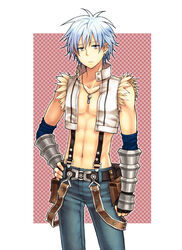  1boy belt blue_gloves blue_hair blue_pants brown_belt closed_mouth commentary_request cowboy_shot elbow_gloves expressionless fur-trimmed_shirt fur_trim gloves grey_eyes hand_on_own_hip jewelry looking_at_viewer male_focus navel necklace open_clothes open_shirt pants pouch ragnarok_online shirt short_hair sleeveless sleeveless_shirt solo suspenders toned toned_male tsuki_miso vambraces white_shirt whitesmith_(ragnarok_online) 