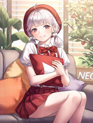  ahoge blush bow collared_shirt commentary_request copyright_request couch feet_out_of_frame female grey_hair highres hugging_object indoors korean_commentary looking_at_viewer low_twintails medium_hair pillow pillow_hug plant potted_plant puffy_short_sleeves puffy_sleeves purple_eyes red_bow red_headwear red_skirt shirt short_sleeves sitting skirt smile solo soyubee suspenders twintails 