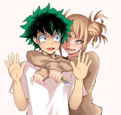  1boy blonde_hair blush boku_no_hero_academia boxcutter brown_eyes cardigan commentary_request double_bun fangs female freckles hair_bun hands_up hevn holding holding_knife hug hug_from_behind knife looking_at_another medium_hair messy_hair midoriya_izuku nervous nervous_smile nose_blush open_mouth sidelocks simple_background sleeves_past_wrists smile sweat toga_himiko 