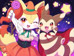  1other animal_ear_fluff animal_nose arm_up black_cape blush braixen candy cape claws commentary_request eyelashes food furret furry green_ribbons halloween happy hat highres holding holding_candy holding_food holding_lollipop kemoribon lollipop neck_ribbon oerba_yun_fang one_eye_closed open_mouth orange_headwear pawpads pokemon pokemon_(creature) red_eyes ribbon star_(symbol) stick tongue witch_hat 