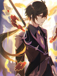  1boy absurdres antenna_hair black_hair black_jacket blurry blurry_background commentary_request formal genshin_impact glowing glowing_eyes gradient_hair gumilkx hair_between_eyes highres holding holding_polearm holding_weapon jacket jewelry long_hair looking_at_viewer looking_to_the_side male_focus multicolored_hair open_mouth parted_lips polearm ponytail sideways_glance spear suit upper_body weapon yellow_eyes zhongli_(genshin_impact) 