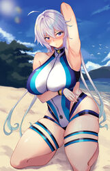  absurdres ahoge arm_up bad_id bad_pixiv_id beach blue_one-piece_swimsuit breasts cosplay curvy day fate/grand_order fate_(series) female highleg highleg_swimsuit highres large_breasts light_purple_hair long_hair looking_at_viewer low_twintails multicolored_clothes multicolored_swimsuit one-piece_swimsuit outdoors purple_eyes purple_one-piece_swimsuit sand senki_zesshou_symphogear shiny_skin skindentation solo swimsuit thighs tomoe_gozen_(fate) tomoe_gozen_(swimsuit_saber)_(fate) tomoe_gozen_(swimsuit_saber)_(fate)_(cosplay) tomoe_gozen_(swimsuit_saber)_(first_ascension)_(fate) twintails udon_(udonalium) water white_one-piece_swimsuit yukine_chris 