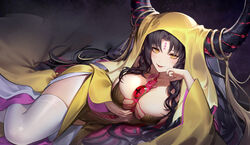  +_+ absurdres arm_support between_breasts black_hair black_horns blush breasts chest_tattoo chinese_commentary collarbone commentary dark_background demon demon_girl demon_horns detached_sleeves dress eyeball facial_mark fate/grand_order fate_(series) feet_out_of_frame female forehead_mark forehead_tattoo from_side hand_on_own_cheek hand_on_own_face highres horn_ornament horn_ring horns huge_horns large_breasts loincloth long_hair long_horns long_sleeves looking_at_viewer lying multicolored_horns navel necktie necktie_between_breasts on_side open_clothes open_dress parted_bangs parted_lips pelvic_curtain q18607 revealing_clothes sessyoin_kiara sessyoin_kiara_(beast_iii/r) side_slit sidelocks smile solo spaghetti_strap spiral_horn symbol-shaped_pupils tassel tattoo thighhighs thighs third_eye two-tone_dress two-tone_horns veil veins very_long_hair wavy_hair white_thighhighs wide_sleeves yellow_dress yellow_eyes yellow_sleeves yellow_veil 