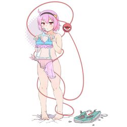  bare_legs bare_shoulders barefoot bikini blush broken closed_mouth commentary_request crack cracked_floor empty_eyes fat_joke female frown full_body hair_ornament hairband hands_up heart heart_hair_ornament highres holding holding_clothes holding_swimsuit komeiji_satori looking_at_viewer pink_eyes pink_hair shadow shiroi_karasu simple_background solo standing swimsuit third_eye toes touhou unworn_bikini v-shaped_eyebrows weighing_scale white_background 