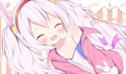  animal_ears azur_lane bare_shoulders camisole closed_eyes eyelashes fake_animal_ears female grey_hair hairband happy irokari jacket laffey_(azur_lane) light_blush long_hair long_sleeves off_shoulder open_clothes open_mouth pink_jacket rabbit_ears red_eyes smile solo strap_slip twintails white_camisole 