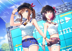  2girls ;) akanebi alternate_costume azki_(hololive) bare_arms bare_shoulders black_headwear blue_eyes bracelet breasts brown_hair chewing_gum collarbone cowboy_shot day grin highres hololive jewelry long_hair md5_mismatch medium_breasts midriff multiple_girls nail_polish necklace one_eye_closed open_mouth outdoors ponytail purple_eyes shirt short_hair short_shorts shorts sidelocks smile teeth tied_shirt tokino_sora virtual_youtuber white_shirt 