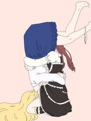  2girls 69 bad_id bad_pixiv_id blonde_hair commentary_request gothic_lolita hanazono_yurine head_under_skirt highres jashin-chan jashin-chan_dropkick lolita_fashion long_hair multiple_girls no_shoes panties panties_around_one_leg piledriver_(wrestling) pointy_ears red_hair shino_(yaruki_nai_yatsu) simple_background tombstone_piledriver_(wrestling) twintails underwear white_panties yuri 