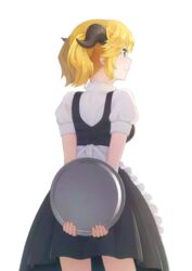  aletta apron black_dress blonde_hair closed_mouth dararito dress female frilled_apron frills from_behind green_eyes holding holding_plate horns isekai_shokudou looking_away pinafore_dress plate ponytail puffy_short_sleeves puffy_sleeves shirt short_dress short_hair short_sleeves simple_background sleeveless sleeveless_dress smile solo white_background white_shirt 