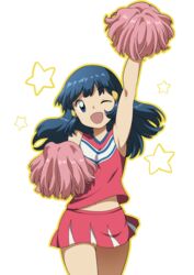  ;d arm_up armpits bare_arms blue_hair cheerleader commentary dawn_(pokemon) eyelashes female floating_hair hair_ornament hairclip head_tilt long_hair looking_at_viewer miniskirt navel one_eye_closed open_mouth outline pink_shirt pink_skirt pokemon pokemon_(anime) pokemon_dppt_(anime) pom_pom_(cheerleading) shirt sidelocks skirt sleeveless sleeveless_shirt smile solo star_(symbol) suitenan white_background 