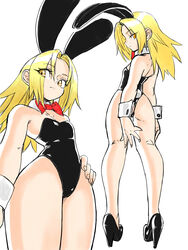  absurdres animal_ears ass backless_leotard bare_legs black_footwear black_leotard blonde_hair bow bowtie breasts collar commentary cowboy_shot cuffs detached_collar eyes_visible_through_hair female from_behind full_body hand_on_own_hip high_heels highleg highleg_leotard highres kyouyama_anna leotard long_hair looking_back multiple_views orange_eyes playboy_bunny profile rabbit_ears rabbit_tail red_bow red_bowtie shaman_king simple_background small_breasts tail toshinoshin white_background 