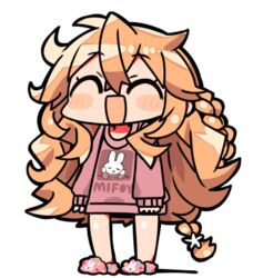  :d ^_^ bad_id bad_twitter_id blush_stickers braid brown_hair brown_sweater chibi closed_eyes clothes_writing female flower full_body hair_between_eyes hair_flower hair_ornament inactive_account kanikama long_hair long_sleeves lowres miffy miffy_(character) nijisanji open_mouth otogibara_era pink_footwear shadow sleeves_past_wrists slippers smile solo standing sweater very_long_hair virtual_youtuber white_background white_flower 