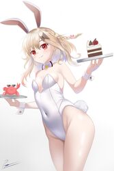  absurdres animal_ears blonde_hair breasts cake cake_slice cleavage commentary_request crab detached_collar fake_animal_ears female food highleg highleg_leotard highres hitatsuphat leotard nijigen_project nika_lan_linh playboy_bunny red_eyes smile solo strapless strapless_leotard sunglasses thighs vietnamese_commentary virtual_youtuber white_leotard 