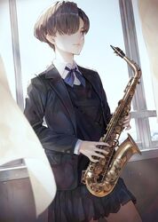  alto_saxophone blazer blonde_hair blue_eyes bow closed_mouth commentary_request female hair_over_one_eye highres holding holding_instrument holding_saxophone indoors instrument jacket kaoming long_sleeves original pleated_skirt sakuragi_yayoi saxophone school_uniform short_hair skirt solo sweater_vest 