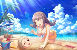  2girls barefoot beach beach_chair beach_umbrella bikini bikini_shorts blush bow breasts brown_eyes buried closed_eyes cloud cloudy_sky collarbone day drill_hair ear_piercing flip-flops frilled_bikini frilled_bikini_top frills game_cg grey_hair hair_between_eyes hairbow idolmaster idolmaster_cinderella_girls idolmaster_cinderella_girls_starlight_stage kneeling large_breasts lens_flare long_hair multiple_girls ocean official_art one_eye_closed open_mouth outdoors palm_tree piercing pink_footwear sakakibara_satomi sandals senzaki_ema short_hair shorts sky smile sparkle swimsuit thighs tree twin_drills umbrella unworn_sandals yellow_bikini 