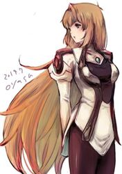  artist_name blue_eyes breasts dated elhaym_van_houten female gloves long_hair looking_to_the_side orange_hair pantyhose simple_background skirt solo uniform very_long_hair white_background xenogears yamamori_kinako 