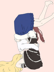  2girls 69 bad_id bad_pixiv_id blonde_hair commentary_request gothic_lolita hanazono_yurine head_under_skirt highres jashin-chan jashin-chan_dropkick lolita_fashion long_hair multiple_girls no_shoes piledriver_(wrestling) pointy_ears red_hair shino_(yaruki_nai_yatsu) simple_background tombstone_piledriver_(wrestling) twintails yuri 