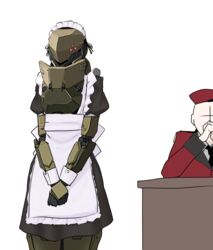  1boy 1other absurdres aegis_(girls&#039;_frontline) alternate_costume apron black_dress clothed_robot commander_(girls&#039;_frontline) commentary cowboy_shot desk dress enmaided frilled_apron frills girls&#039;_frontline griffin_&amp;_kryuger_military_uniform highres maid maid_headdress male_focus own_hands_together puffy_sleeves robot sangvis_ferri simple_background white_apron white_background wrist_cuffs yanagui_yugi 