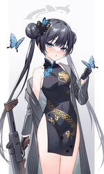  bare_shoulders black_dress black_gloves black_hair blue_archive blue_butterfly blue_eyes breasts bug butterfly butterfly_hair_ornament china_dress chinese_clothes chinese_commentary commentary_request covered_navel cowboy_shot cs/ls06 double_bun dragon_print dress female gloves grey_jacket gun hair_bun hair_ornament halo hand_up highres holding holding_gun holding_weapon jacket kisaki_(blue_archive) long_hair long_sleeves looking_at_viewer no_panties off_shoulder open_clothes open_jacket parted_lips partial_commentary pelvic_curtain print_dress sleeveless sleeveless_dress small_breasts solo standing striped_clothes striped_jacket submachine_gun thighs trigger_discipline twintails very_long_hair weapon yuxian_youka 