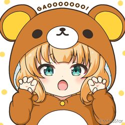  animal_costume aqua_eyes bear_costume blonde_hair blush buttons commentary female gochuumon_wa_usagi_desu_ka? kirima_syaro long_sleeves looking_at_viewer mitya open_mouth polka_dot polka_dot_background rilakkuma san-x short_hair solo twitter_username upper_body white_background 