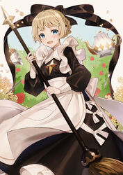  :d absurdres afk_arena apron black_bow black_dress blue_eyes bow braid broom commentary_request cup dress female hair_rings hairbow highres holding holding_broom light_brown_hair long_sleeves looking_at_viewer maid open_mouth puffy_long_sleeves puffy_sleeves rosaline_(afk_arena) short_hair smile solo teacup teapot tiny_(tini3030) white_apron 