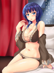  asaka_karin bed bed_sheet bikini blue_eyes blue_hair blush breasts brown_bikini city_lights collarbone curtains female hand_up highres large_breasts looking_at_viewer love_live! love_live!_nijigasaki_high_school_idol_club medium_hair mole mole_on_body mole_on_collarbone multiple_moles nail_polish navel night on_bed open_clothes open_shirt pillow purple_nails red_curtains see-through sitting solo swimsuit utomo window 