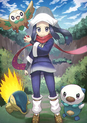  akari_(pokemon) black_hair black_shirt brown_footwear closed_mouth cloud commentary_request cyndaquil day eyelashes female floating_scarf full_body galaxy_expedition_team_survey_corps_uniform grey_eyes head_scarf highres holding holding_poke_ball jacket long_hair looking_at_viewer loose_socks mountain oshawott outdoors pantyhose poke_ball poke_ball_(legends) pokemon pokemon_(creature) pokemon_legends:_arceus ponytail rowlet scarf shirt shoes sidelocks skirt sky socks standing starter_pokemon_trio tokumaro white_headwear white_legwear 