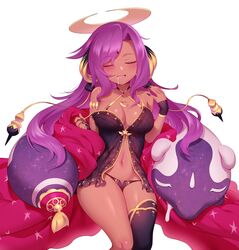  asymmetrical_legwear black_legwear black_nightgown breasts closed_eyes commentary_request dark-skinned_female dark_skin eiyuu_senki eiyuu_senki_ww female halo highres long_hair m-da_s-tarou mismatched_legwear navel nightgown official_art panties purple_hair saliva scheherazade_(eiyuu_senki) solo thighs underwear white_background 