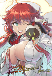  black_gloves bodysuit breast_focus breasts chikoinochi cleavage colored_inner_hair covered_nipples female gloves green_eyes guilty_gear guilty_gear_strive hair_between_eyes highres jack-o&#039;_valentine large_breasts long_hair multicolored_hair one_eye_closed red_eyes teeth translation_request two-tone_hair upper_teeth_only white_bodysuit white_hair 