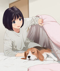  animal arm_support artist_name beagle black_hair bob_cut canine commentary female grey_eyes lifting_covers mattaku_mousuke on_bed open_mouth original short_hair sleeping watermark 