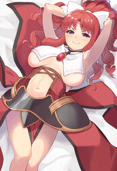  &gt;:) akino_(princess_connect!) armpits arms_behind_head bed blush bow breast_curtains breasts breasts_apart closed_mouth curly_hair feet_out_of_frame female from_above hairbow highres hip_armor jewelry large_breasts long_hair looking_at_viewer lying navel on_back ponytail princess_connect! purple_eyes red_hair shimon_(31426784) smile solo topless v-shaped_eyebrows white_background 