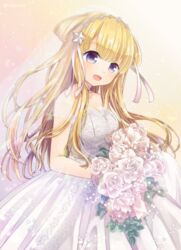  :d blonde_hair bouquet breasts bridal_veil bride commentary_request commission cowboy_shot double_bun dress female fletcher_(kancolle) flower frills hair_bun hair_ornament hair_ribbon kantai_collection large_breasts long_hair nagasioo open_mouth purple_eyes ribbon rose skeb_commission smile solo star_(symbol) star_hair_ornament twitter_username veil wedding_dress white_dress yellow_background 