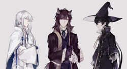  3boys amon_(lord_of_the_mysteries) angel animal_ears antigonus_(lord_of_the_mysteries) bethel_abraham black_eyes black_hair black_robe blue_eyes blue_neckwear brown_eyes brown_hair cape gaural hat highres long_hair long_sleeves looking_at_viewer lord_of_the_mysteries monocle multiple_boys shirt short_hair tail white_cape white_hair white_robe white_shirt wizard_hat wolf_boy wolf_ears 