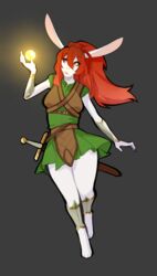  2022 anthro armor bracers breasts clothed clothing digital_media_(artwork) dress durabelle female fur green_clothing green_dress grey_background hair lagomorph leporid mammal melee_weapon ni70 rabbit red_eyes red_hair simple_background smile solo sword weapon white_body white_fur 