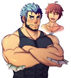  2boys absurdres alternate_facial_hair bara bare_shoulders beard black_tank_top blue_eyes blue_hair blush covered_abs crossed_arms embarrassed eros_(erosterone) facial_hair fins fish_boy highres male_focus mature_male multiple_boys muscular muscular_male pectorals protagonist_4_(housamo) shirt short_hair sideburns smile tank_top tight_clothes tight_shirt tokyo_afterschool_summoners triton_(housamo) upper_body yaoi 