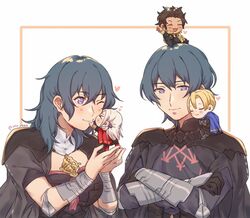  &gt;_&lt; 2girls 3boys aqua_hair arm_guards blonde_hair blue_eyes blush breasts brown_hair byleth_(female)_(fire_emblem) byleth_(fire_emblem) byleth_(male)_(fire_emblem) cape chibi claude_von_riegan crossed_arms dimitri_alexandre_blaiddyd dual_persona edelgard_von_hresvelg fire_emblem fire_emblem:_three_houses garreg_mach_monastery_uniform grey_hair heart kissing kissing_cheek medium_breasts mini_person miniboy minigirl multiple_boys multiple_girls pantyhose short_hair upper_body yaoi yukari_(bryleluansing) yuri 