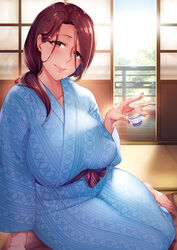  alcohol arm_support barefoot bath_yukata blush breasts brown_eyes brown_hair choko_(cup) collarbone comic_exe cup curvy eyelashes female hair_between_eyes half-closed_eyes highres holding holding_cup indoors japanese_clothes kimono large_breasts long_hair looking_at_viewer low_ponytail mature_female minamoto_(mutton) mole mole_under_mouth non-web_source obi original pink_nails plump sash shima_(pattern) side_ponytail sitting sliding_doors solo tatami toenails toes yokozuwari yukata 