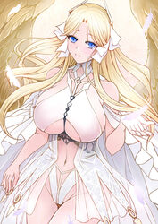  azur_lane blonde_hair blue_eyes breasts brest_(azur_lane) clothing_cutout dress feathered_wings feathers female highres huge_breasts long_dress long_hair revealing_clothes ribbon sai-go see-through see-through_skirt skirt solo underboob underboob_cutout white_dress white_ribbon wings yellow_wings 